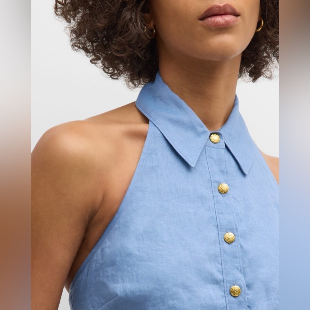 Veronica Beard Blue Linen Lancaster Halter Collared Gold Button Down Top